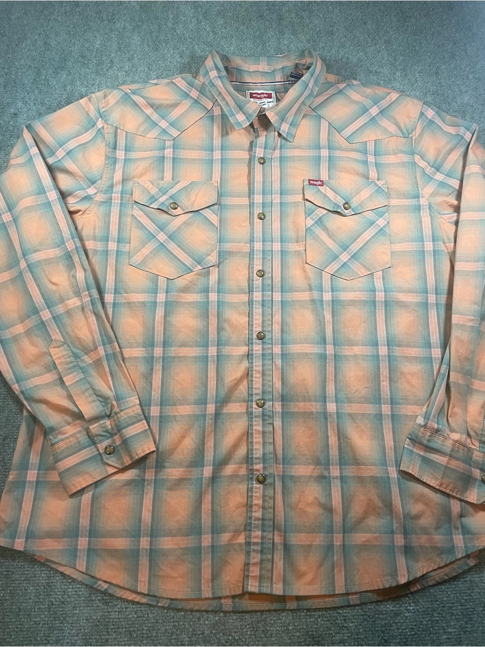 Wrangler Peach and Teal Plaid Long-Sleeve Button-Down Shirt